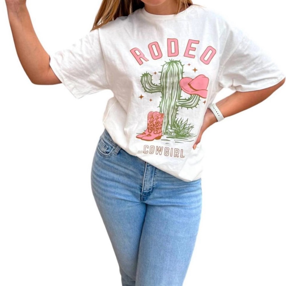 Rodeo Cowgirl Graphic Tee Western Cactus Boots & Hat Shirt Boho Country NWOT
